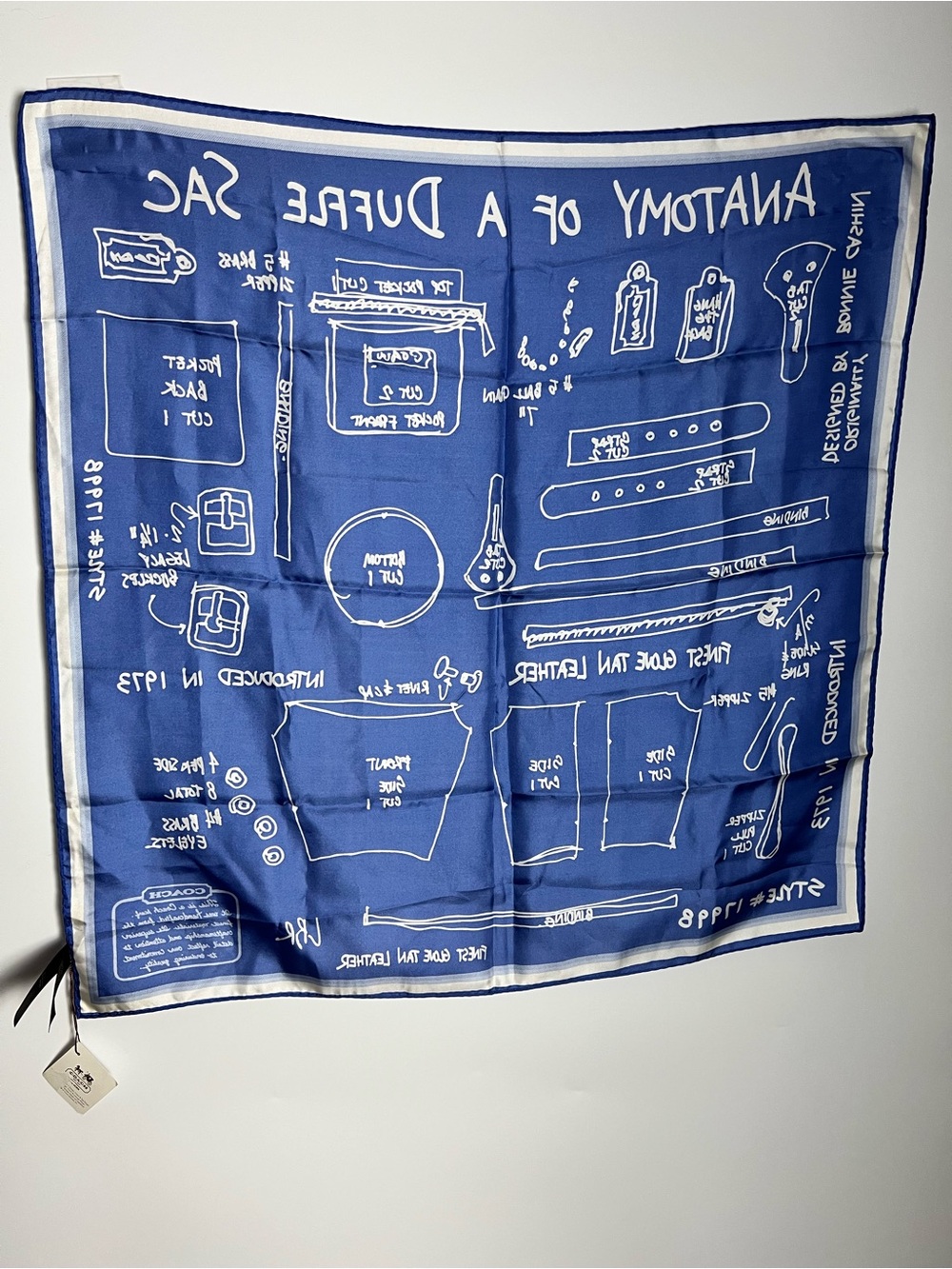 NWT Coach Anatomy of a Duffle Sack Square Silk Scarf Blue & White style 83064 - Picture 12 of 13